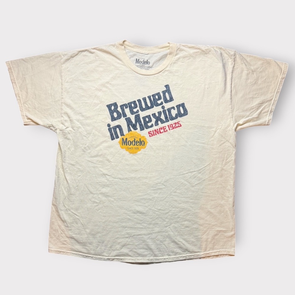 Modelo Especial Beer Graphic T-Shirt Mens 2X Cream Brewed in Mexico Ripple Tee